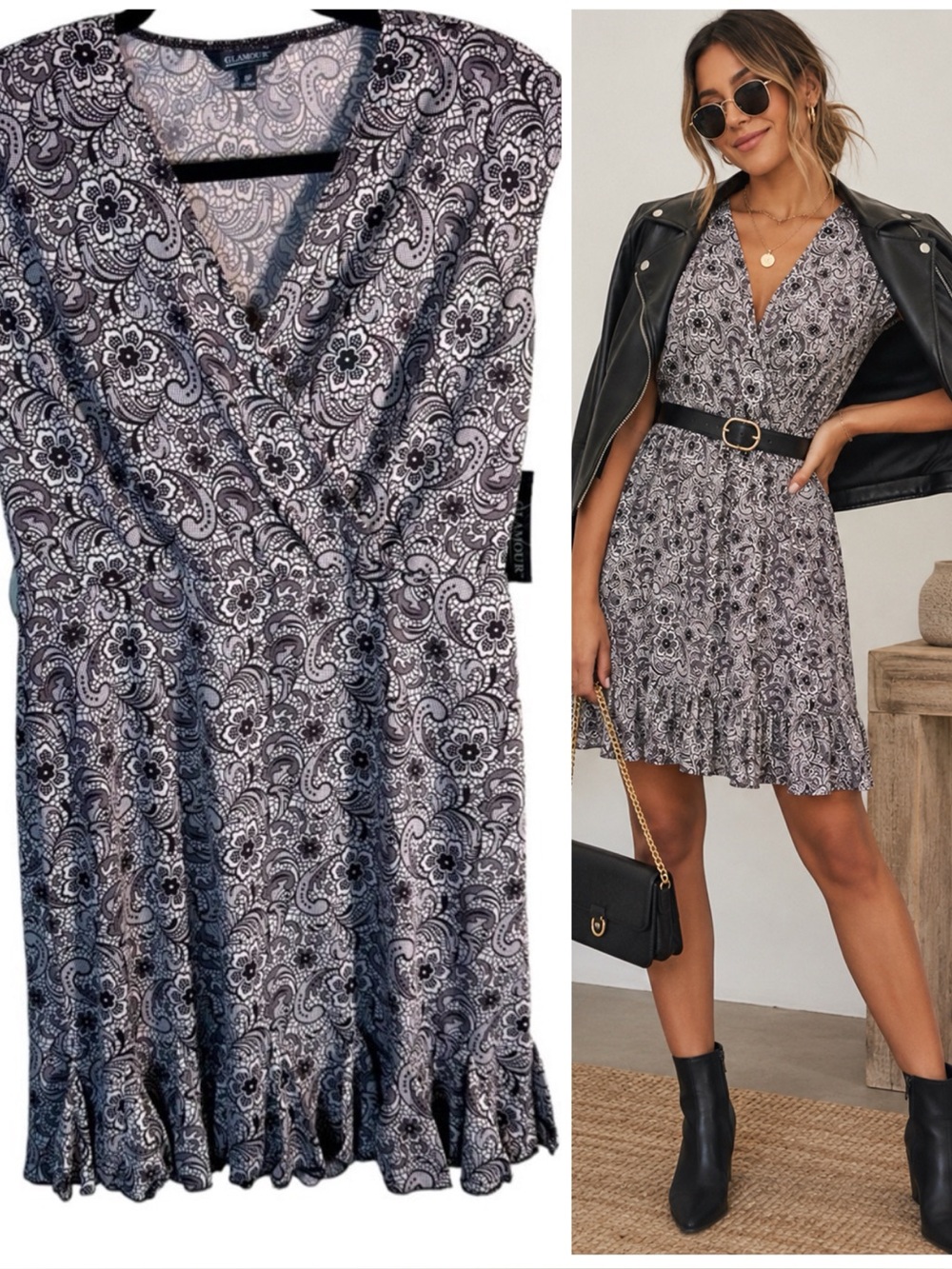Glamour Brown & Cream Floral Print V Neck Spring Summer Dress Women's Size 8P